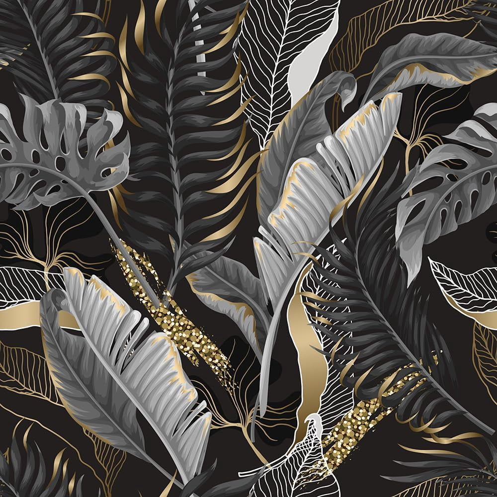 Black Gold Tropical Plant Leaf Modern Dark/Black/Grey Peel and Stick Wallpaper Self Adhesive Removable Easy Peel Off Contact Stick on Wall Paper for Bedroom Renter