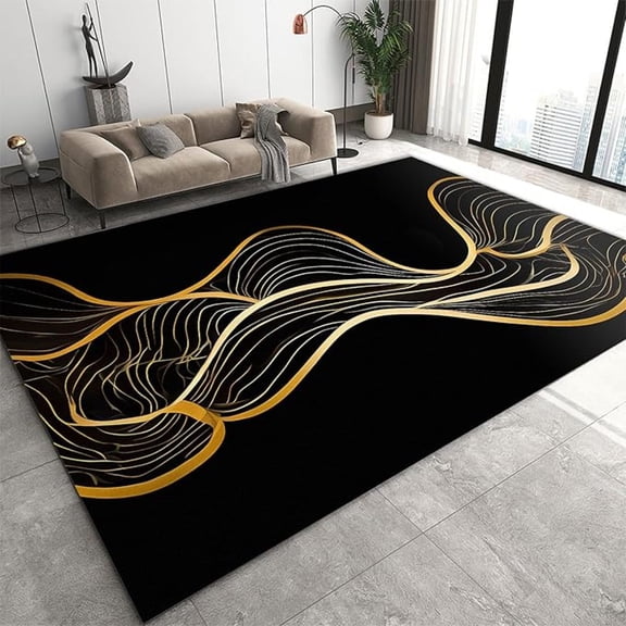 Black And Gold Twisted Water Area Rugs, Luxury Gold Geometric Lines Indoor Rugs, With Anti-Slip Easy Clean Carpet For Living Room Bedroom Kitchen Dining Room Home Office 5x8ft