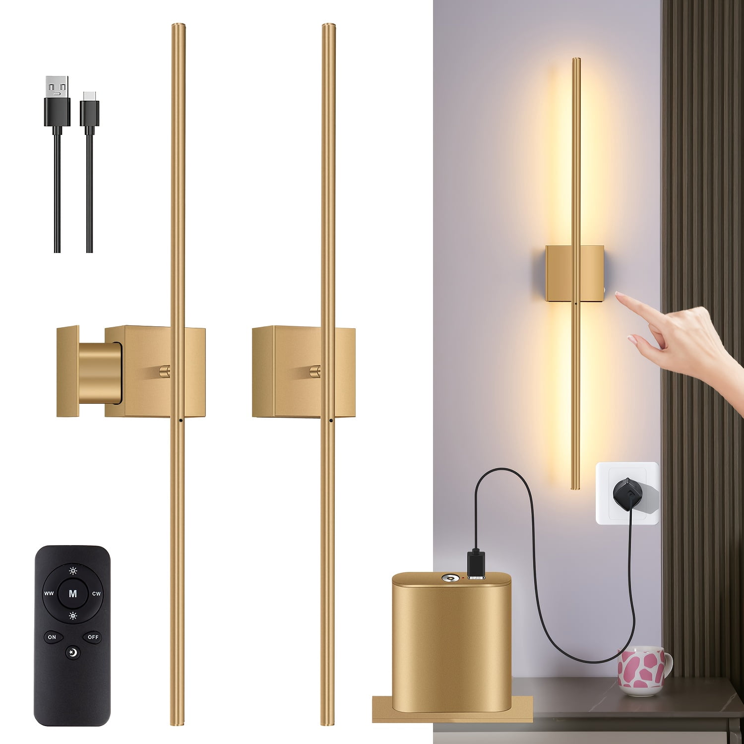 Black Gold USB Rechargeable Wall Sconce Set of 2, Dimmable Battery Operated Wall Lamp with Remote, 360° Rotation Wireless Light for Living Room Bedroom Hallway