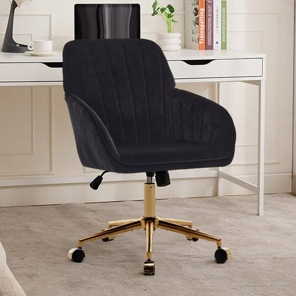 Black & Gold Velvet Desk Chair with Arm Rest, Adjustable Swivel Computer Task Chair for Makeup Room