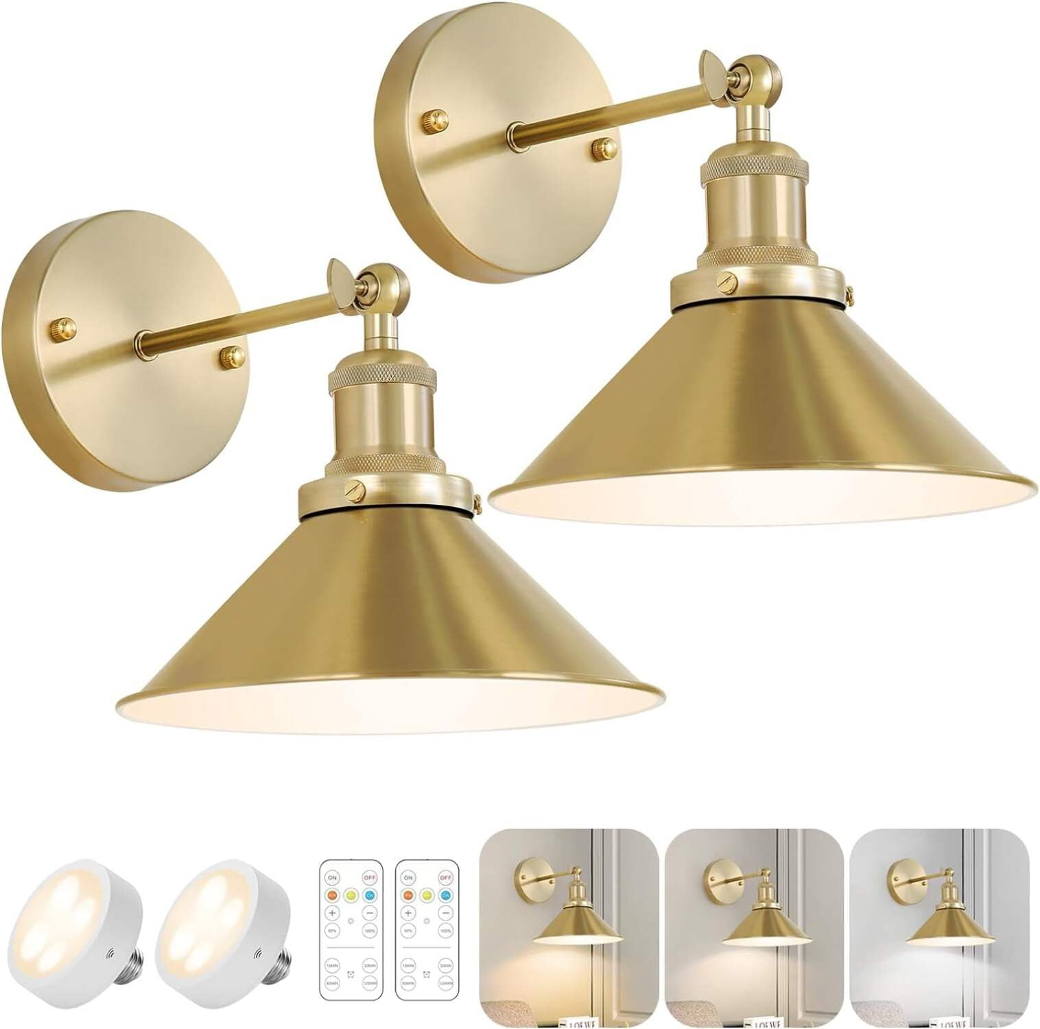 Black Gold Vintage Rechargeable Battery Operated Wall Sconces, Cordless Battery Powered Led Wall ...