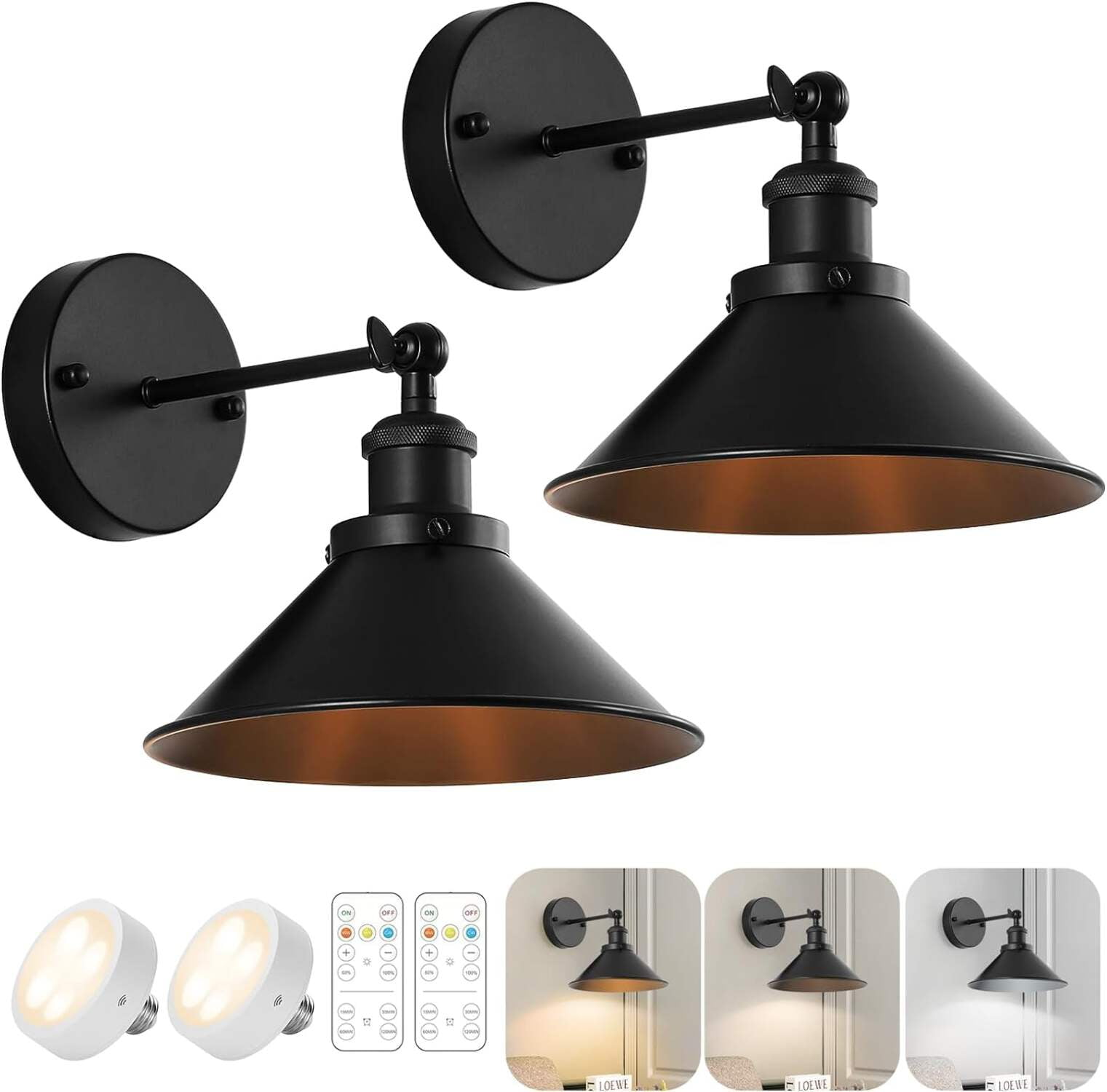 Black Gold Vintage Rechargeable Battery Operated Wall Sconces, Cordless Battery Powered Led Wall ...