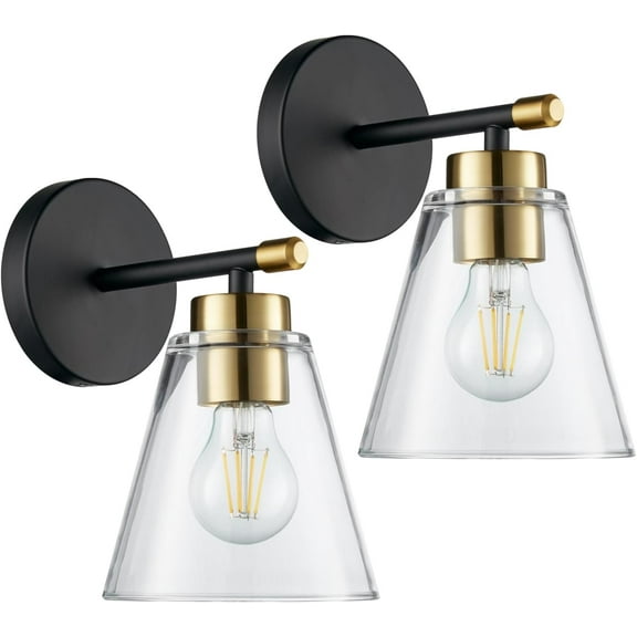 Black and Gold Wall Sconces Set of 2, Bathroom Sconces Wall Lighting Fixture Indoor with Glass Shade, Mordern Black Wall Sconce Lighting for Kitchen, Hallway, Living Room