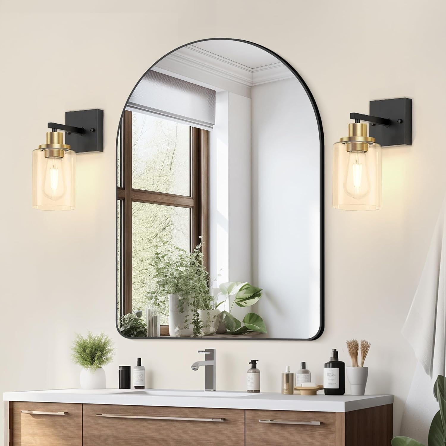 Black and Gold Wall Sconces Set of 2 with Clear Glass Shade, Matte Black Vanity Light Fixtures, Farmhouse Wall Lights for Bathroom, Bedside, Mirror, Living Room, Hallway