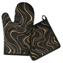 Black Gold Wave Marble Pattern Kitchen Oven Mitt and Pot Holder Sets 2 Pcs for Baking, Cooking and Grilling, Heat Resistant Up To 392 °F