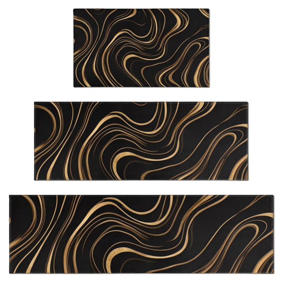 Black Gold Wave Marble Pattern Kitchen Rugs Sets Of 3,Kitchen Runner Rugs Non Skid Washable,Decorative Kitchen Floor Mats for Kitchen,Sink,Laundry,17"x30"+ 17"x47" + 17"x59"