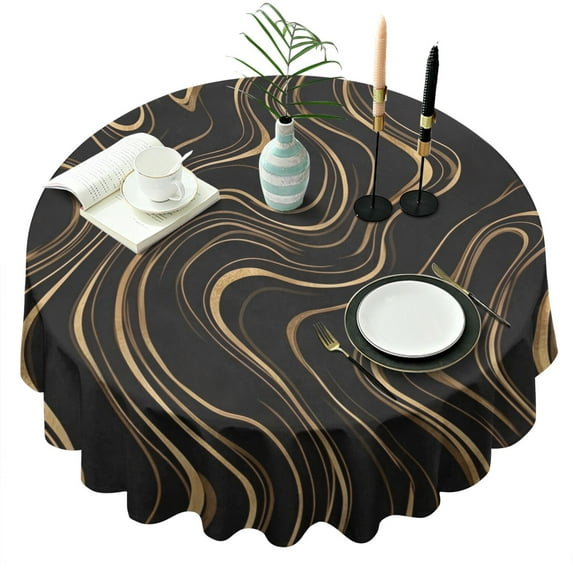 Black Gold Wave Marble Pattern Round Tablecloth 60"x60",Wrinkle Wipeable Table Cloth for Kitchen Dining Room Picnic Patio Party