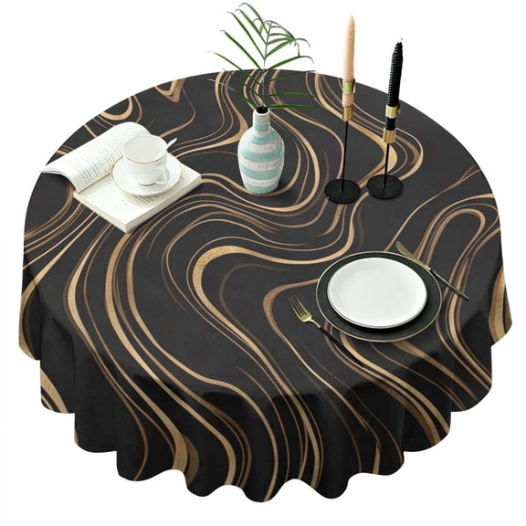Black Gold Wave Marble Pattern Round Tablecloth 60"x60",Wrinkle Wipeable Table Cloth for Kitchen Dining Room Picnic Patio Party
