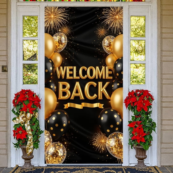 Black & Gold Welcome Back Banner 3D Golden Lettering Welcome Back Backdrop Glitter Confetti Balloons Satin Background Welcome Back Display for Reunion Parties Homecoming Events Indoor Celebrations