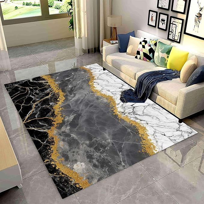 Marble Style Rug Black Gold White Marble Area Rug, Abstract Marble Texture Pattern ...