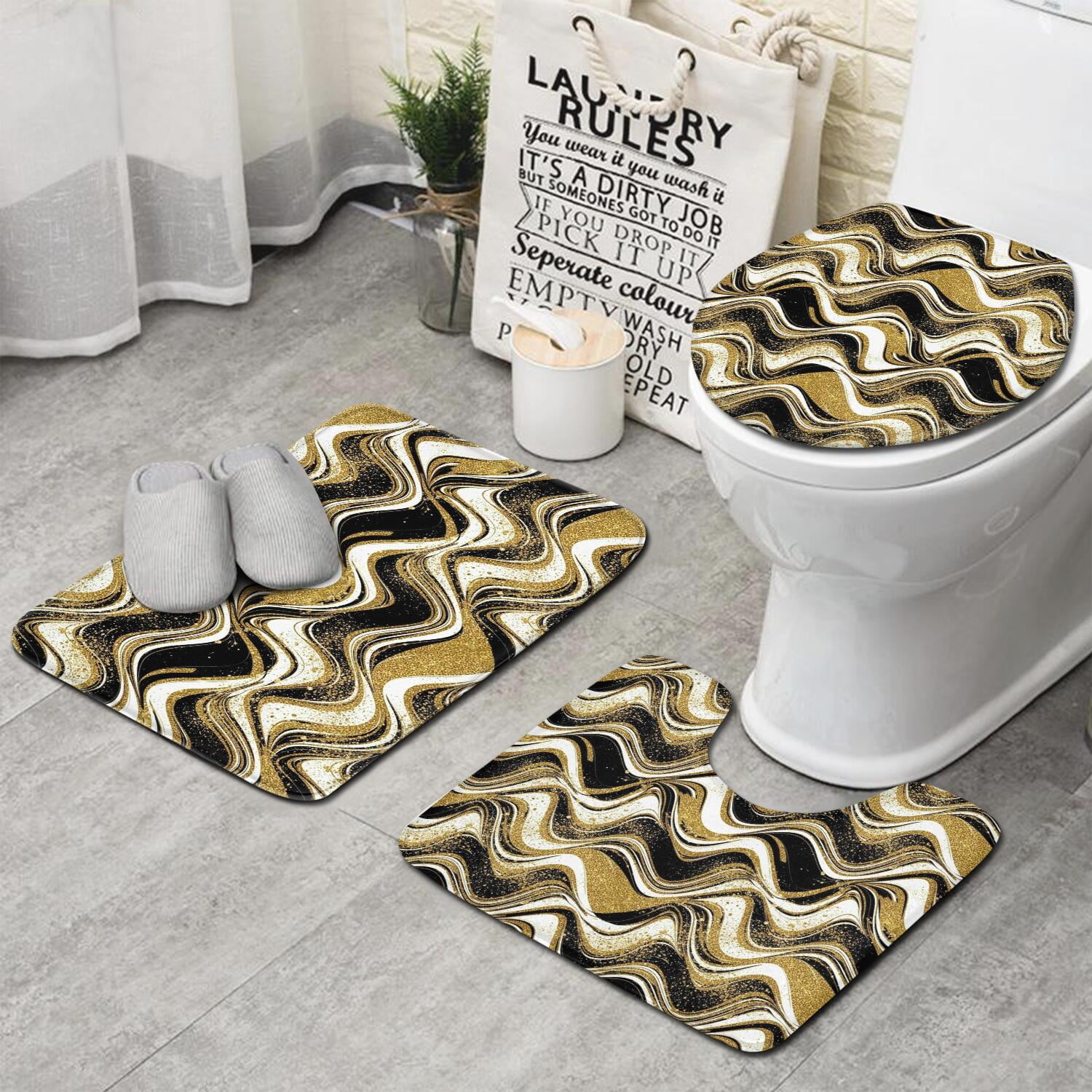Black Gold White Marble Pattern Bathroom Rugs Sets 3 Piece,Toilet Cover ...