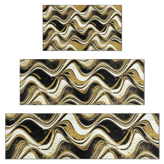 Black Gold White Marble Pattern Kitchen Rugs Sets Of 3,Kitchen Runner Rugs Non Skid Washable,Decorative Kitchen Floor Mats for Kitchen,Sink,Laundry,17"x30"+ 17"x47" + 17"x59"
