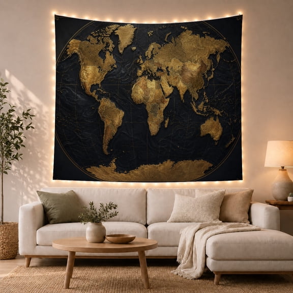 Black and Gold World Map with Metallic Continents on Dark Oceans, Dramatic Fantasy for Geography Lovers, Geography Wall Art Decor, Birthday Gift Tapestry Wall Hanging for Office and Study Room