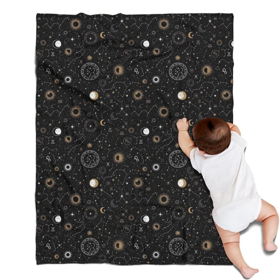 Black Gold Zodiac Sun Moon Pattern Blanket,Comfortable Soft Flannel Throw Blanket,All Season,Warm Lightweight Blankets for Sofa Bed Couch Living Room Chair,30"x40"