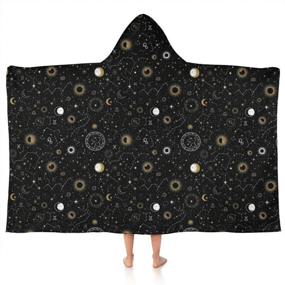 Black Gold Zodiac Sun Moon Pattern Hooded Bath Towel,50"x30" for Ages 3 To 12 Kids, Quick Dry Lightweight Soft Microfiber Hood Beach Towel Cover Up for Kids