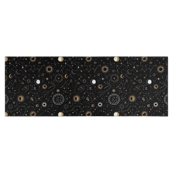 Black Gold Zodiac Sun Moon Pattern Kitchen Rug Mat,Kitchen Runner Rugs Non Skid Washable,Decorative Kitchen Floor Mats for Kitchen,Sink,Laundry,17"X47"