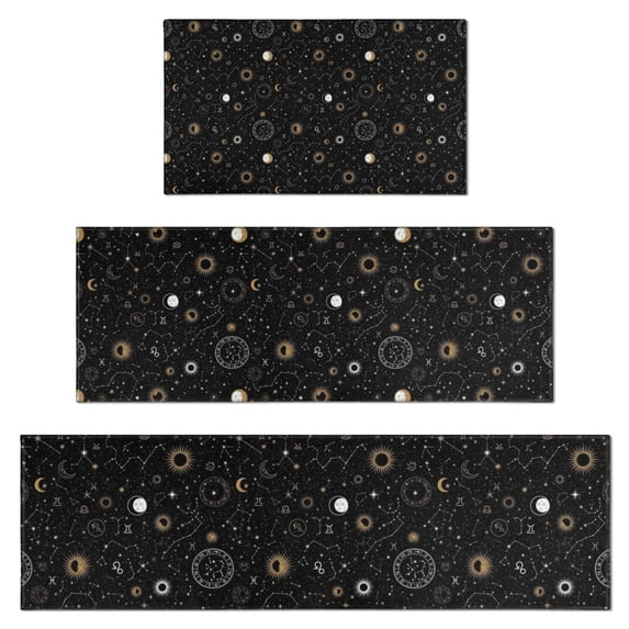 Black Gold Zodiac Sun Moon Pattern Kitchen Rugs Sets Of 3,Kitchen Runner Rugs Non Skid Washable,Decorative Kitchen Floor Mats for Kitchen,Sink,Laundry,17"x30"+ 17"x47" + 17"x59"