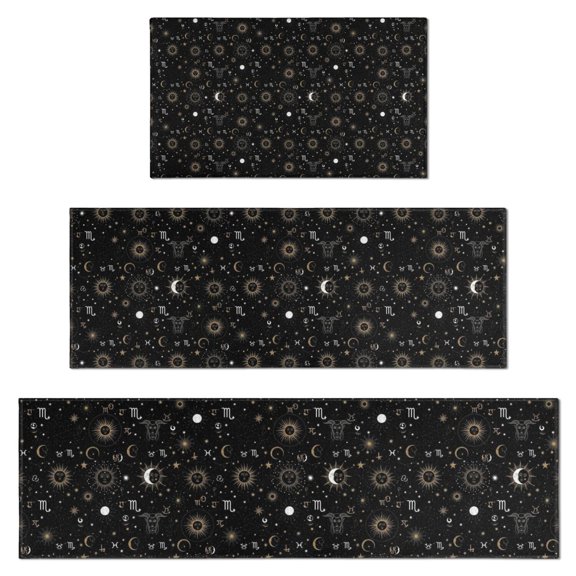 Black Gold Zodiac Sun Moon Pattern Kitchen Rugs Sets Of 3,Kitchen Runner Rugs Non Skid Washable,Decorative Kitchen Floor Mats for Kitchen,Sink,Laundry,17"x30"+ 17"x47" + 17"x59"