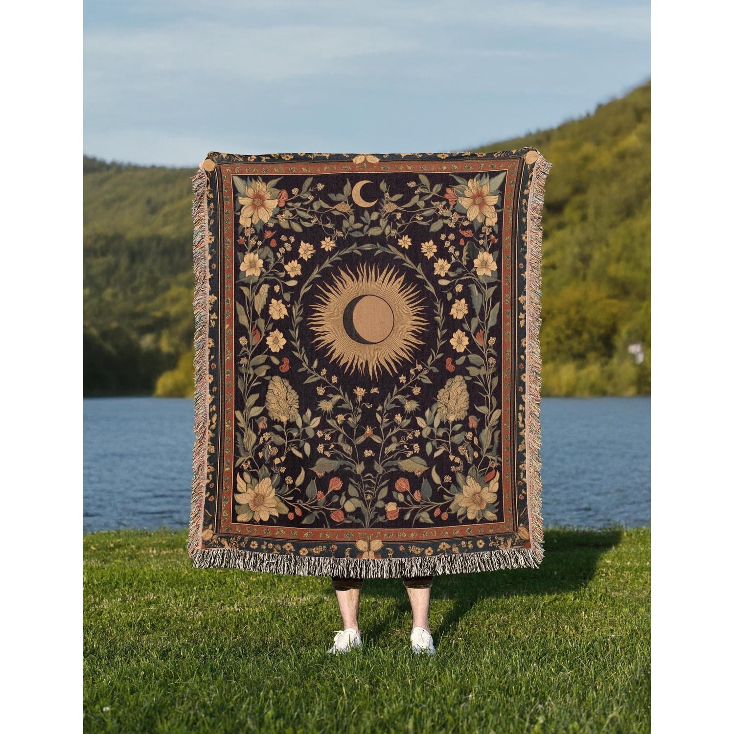 Mon Rusting Black, Gold and Rust Celestial Sun Moon Floral Woven Blanket, 100% ...