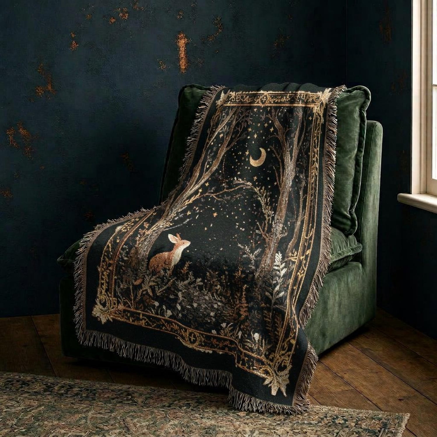 Mon Rusting Black, Gold and Rust Woodland Fox, Crescent Moon and Stars Woven Throw ...