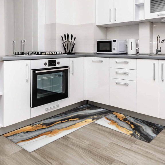 Black Golden 2 Pieces Non-Slip Kitchen Mat Set Marble Aesthetics Modern Ink Painted Soft Door Mat with Rubber Backing,Dirtproof Rugs for Entrance Doorway 19.7x31.5in+19.7x47.2in