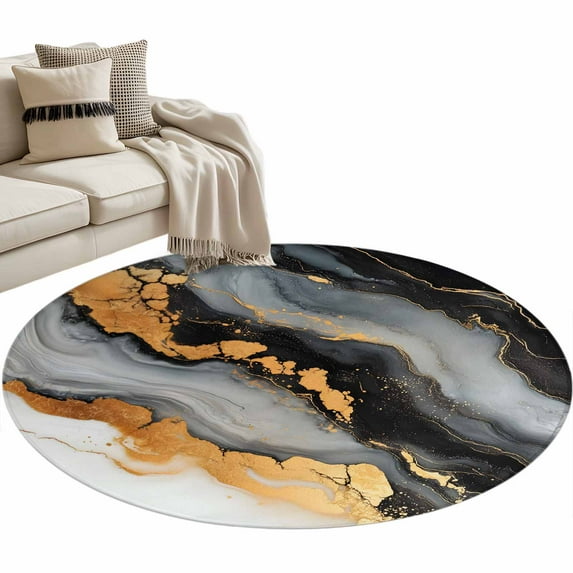 Black Golden 3ft Area Rug, Marble Aesthetics Modern Ink Painted Washable Non-Slip Small Round Rugs for Entryway Bedroom Kitchen, Soft Circle Carpet for Dining Room, Playroom Nursery Rug