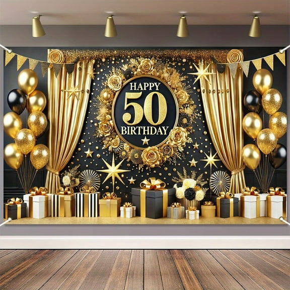 Black Golden 50th Birthday Backdrop Happy 50th Birthday Photography Background 50 Year Birthday Party Decorations Supplies Indoor Outdoor