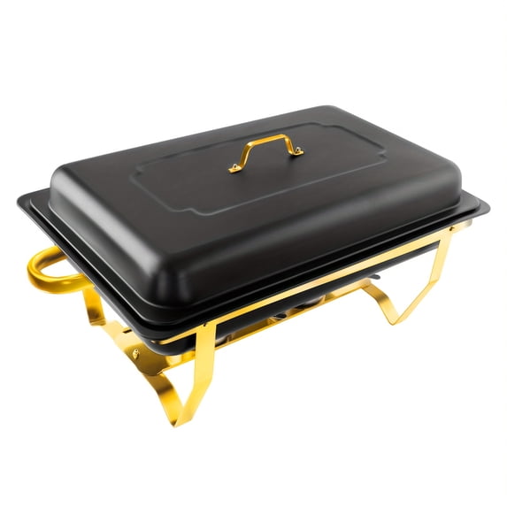 Black & Golden 8QT Full Size Frosted Chafing Dishes 1/4 Pack, High Grade Stainless Steel Buffet Warmers with Golden Serving Tongs, No Heat Discoloration for Parties