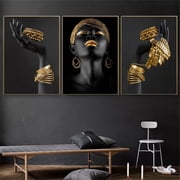 Black Golden Art African Women Canvas Art Poster Modern Gold Jewelry Wall Painting Picture for Women Bedroom Living Room Decor