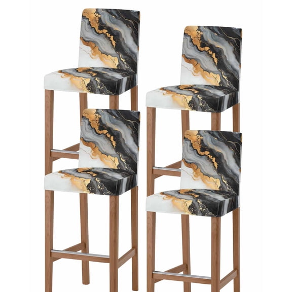 Black Golden Bar Stool Covers Set of 4, Marble Aesthetics Modern Ink Painted Stretch Washable Bar Chair Covers with Backs, Removable Pub Counter Height Chair Cover for Kitchen Dining Room Cafe