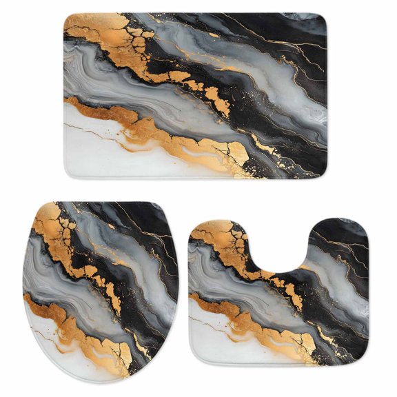 Black Golden Bath Mat 3 Piece Bathroom Rug Set, Marble Aesthetics Modern Ink Painted Non Slip Bath Rug Contour Mat and Toilet Lid Cover, Absorbent Shower Mats Soft Bath Rugs and Mats Sets