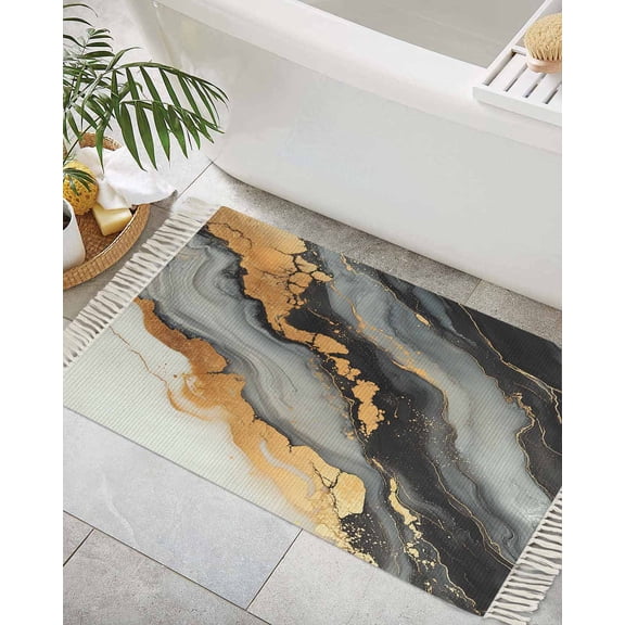 Black Golden Bath Rug 2x3ft Woven Bathroom Entryway Runner Rug,Marble Aesthetics Modern Ink Painted Washable Living Room Hallway Bedroom Kitchen Carpet with Tassels,Indoor Outdoor Throw Doormat