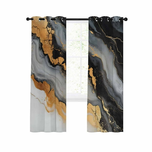 Black Golden Blackout Curtains 39 Inches Long for Bedroom, Marble Aesthetics Modern Ink Painted Thermal Insulated Room Darkening Black Out Window Curtain Panels Grommet Drapes for Living Room
