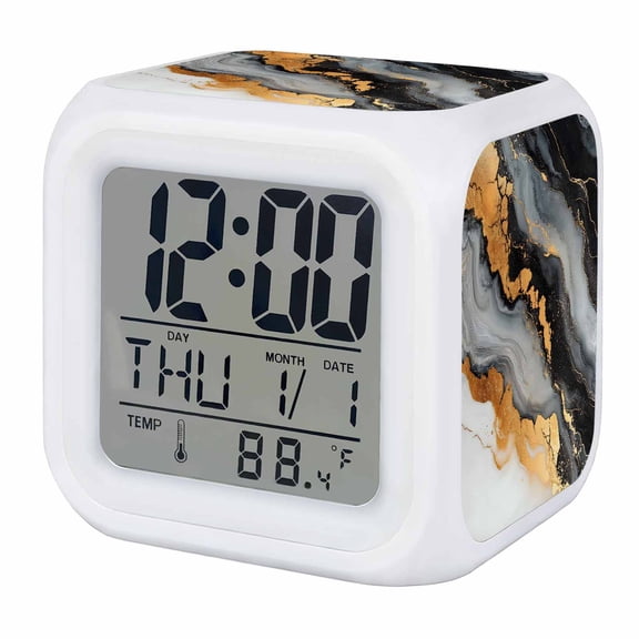 Black Golden Digital Alarm Clock for Bedrooms, Smart LED Alarm Clock with 7 Color Changing Night Light, Marble Aesthetics Modern Ink Painted Silent Wake Up Clocks for Sleep Study Cooking 3.2"x3.2"