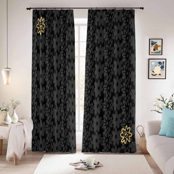 Black Golden Floral Blackout Curtains for Bedroom/Living Room, Pinch Pleated Black Out Curtains, Modern Abstract Art Spring Flowers Room Darkening Window Drapes with Hooks 2 Panels, 39"x70"