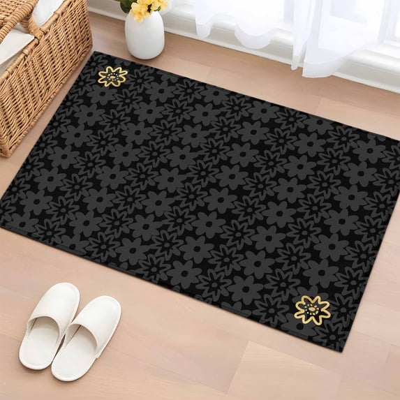 Black Golden Floral Entryway Rug 2'x3' Non Slip Front Door Mats, Modern Abstract Art Spring Flowers Entrance Rugs Indoor Outdoor Carpet, Washable Floor Mats Small Area Rug for Bedroom Kitchen
