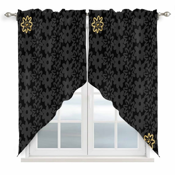 Black Golden Floral Swag Valances for Windows 2 Pack, Kitchen Window Curtains 36 Inch Length, Modern Abstract Art Spring Flowers Privacy Swag Curtains for Living Room/Bathroom with Rod Pocket 36"x36"