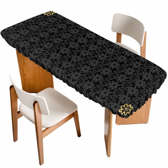 Black Golden Floral Table Cloths for 8 Foot Rectangle Tables, Modern Abstract Art Spring Flowers Patio Waterproof Elastic Fitted Tablecloths, Washable Rectangular Table Cover for Camping