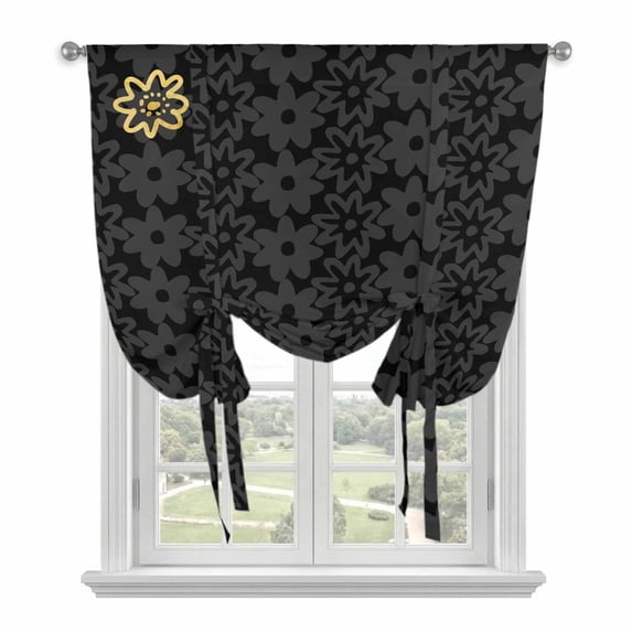 Black Golden Floral Tie Up Curtains 45 Inches Long, Kitchen Window Curtains Over Sink, Modern Abstract Art Spring Flowers Small Window Curtains Shade Balloon Curtains Valances for Bedroom 34"x45"