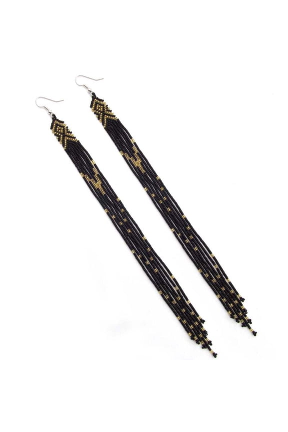 Black Golden Glass Seed Beads Beaded Extra Long Earrings 6 Inch