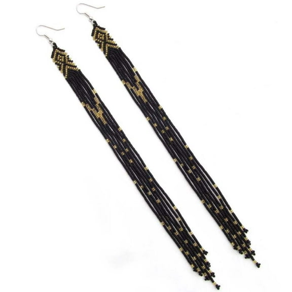 Black Golden Glass Seed Beads Beaded Extra Long Earrings 6 Inch