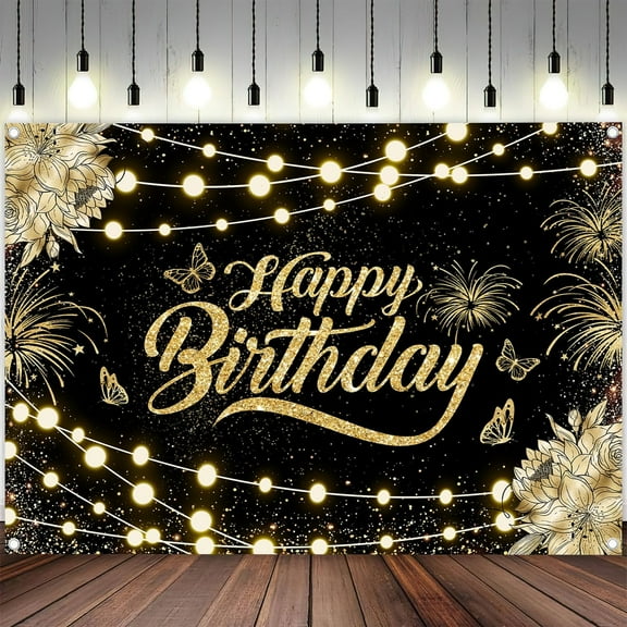 Black Golden Happy Birthday Backdrop, 5 x 3 ft Golden Gliiter Floral Background Woman Man Kids Birthday Party Banner Supplies Decoration Polyester