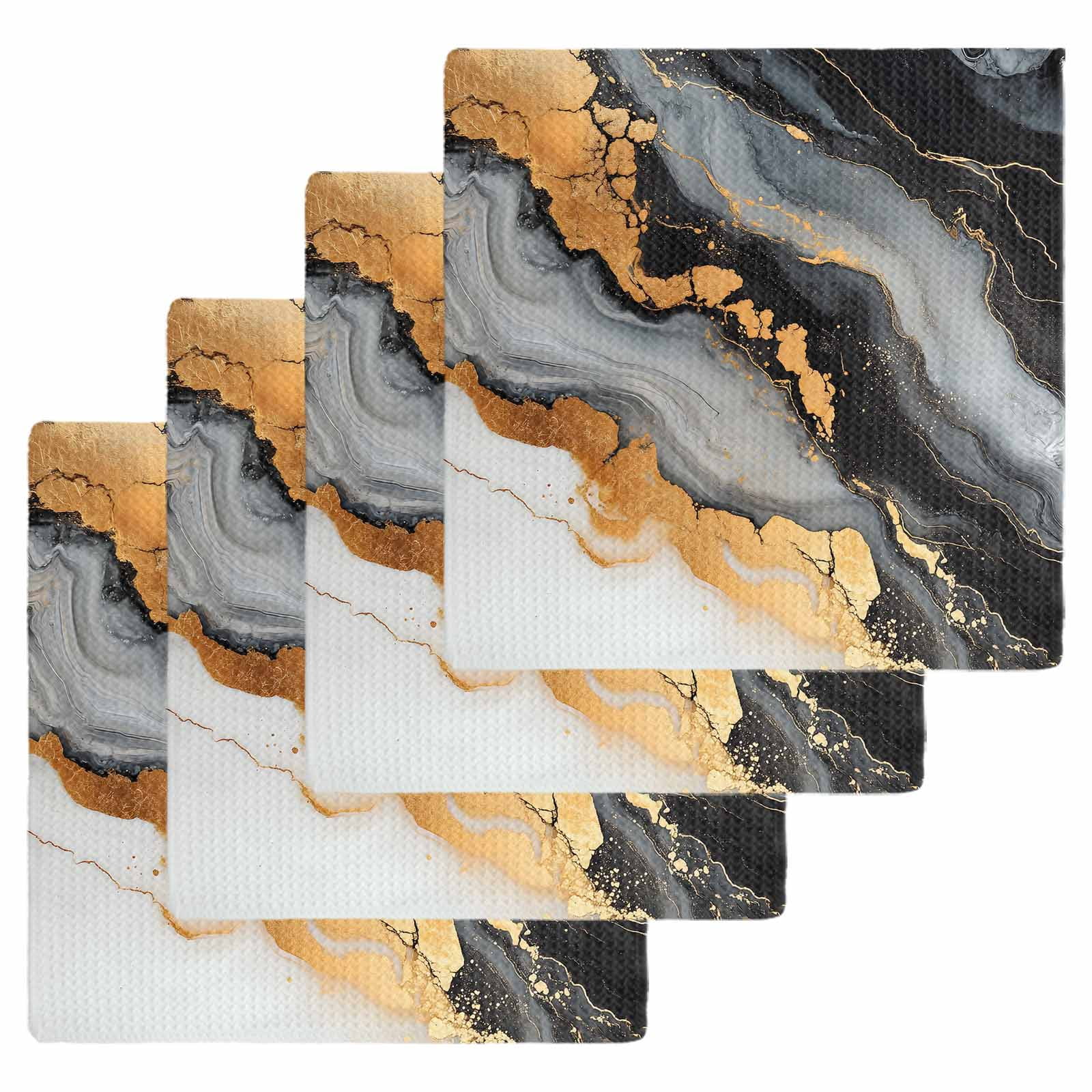 Black Golden Kitchen Dish Towels for Drying Dishes Set of 4, Marble Aesthetics Modern Ink Painted Waffle Weave Microfiber Hand Tea Bathroom Towels Quick Dry & Absorbent Towel 12x12