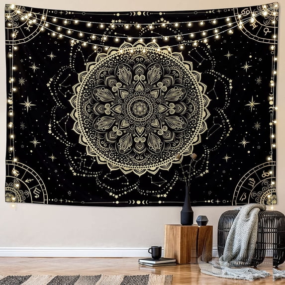 Black Golden Mandala Tapestry Astrology Space Wall Hanging Tapestries Wall tapestrys Large Aesthetic Hippie Decor Bohemian Art Boho Home Talestry for Bedroom,Living Room,Ceiling