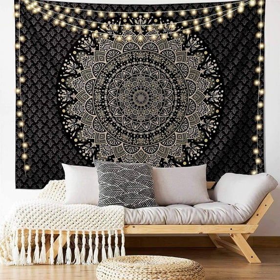 Black Golden Mandala Tapestry Wall Hanging Psychedelic Medallion Wall Tapestry Aesthetic Indian Hippie Wall Decor Bohemian Wall Art Boho Home Decoration Blanket for Bedroom,Living Room,Dorm