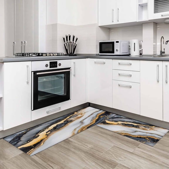 Black Golden Marble 2 Pieces Non-Slip Kitchen Mat Set Modern Ink Painted Abstract Soft Door Mat with Rubber Backing,Dirtproof Rugs for Entrance Doorway 15.7x23.6in+15.7x47.2in