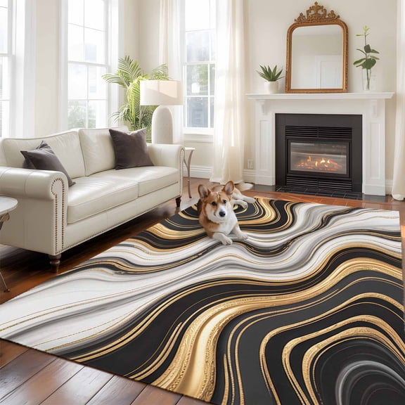 Black Golden Marble Area Rug 5x7 FT, Non Slip Bedroom Throw Carpet, Gray White Ombre Abstract Texture Washable Soft Floor Carpet Non-Shedding Rug for Dining Room Bedside Classroom Desk