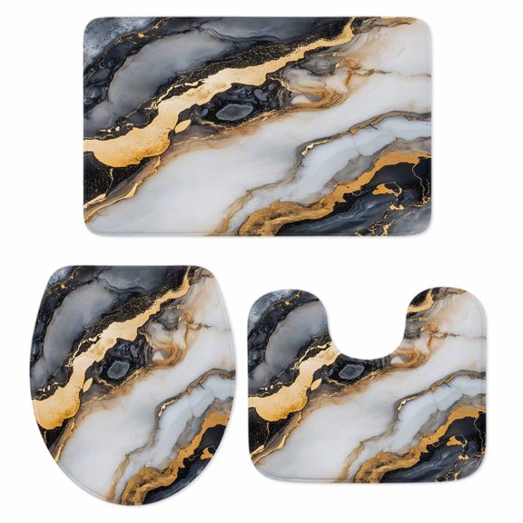 Black Golden Marble Bath Mat 3 Piece Bathroom Rug Set, Modern Ink Painted Abstract Non Slip Bath Rug Contour Mat and Toilet Lid Cover, Absorbent Shower Mats Soft Bath Rugs and Mats Sets
