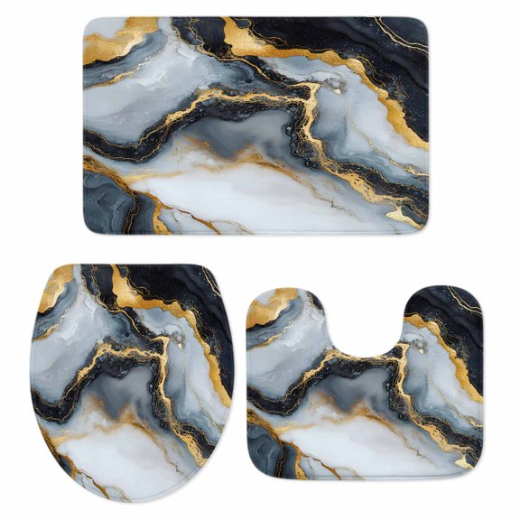 Black Golden Marble Bath Mat 3 Piece Bathroom Rug Set, Modern Ink Painted Aesthetics Non Slip Bath Rug Contour Mat and Toilet Lid Cover, Absorbent Shower Mats Soft Bath Rugs and Mats Sets
