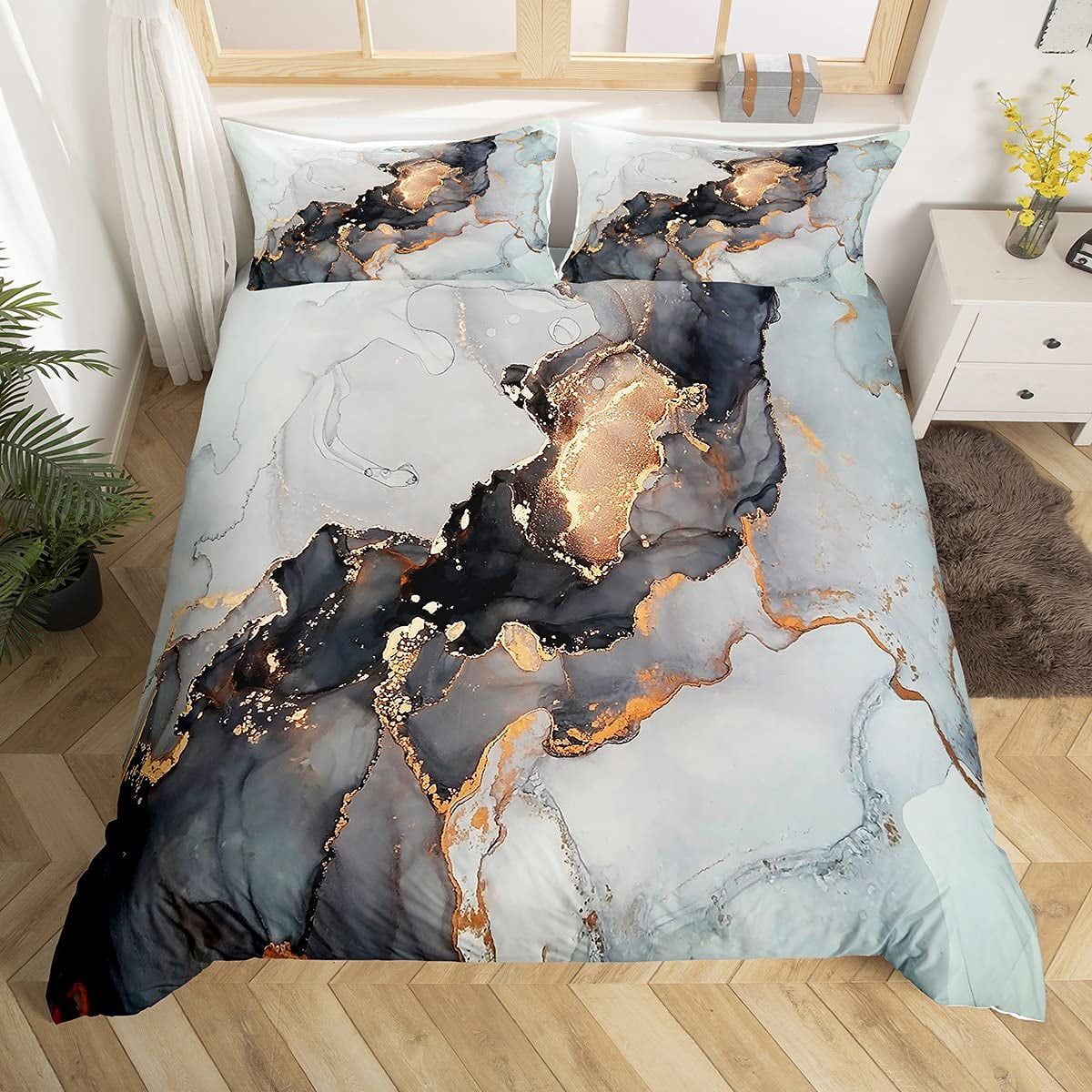 Black Golden Marble Duvet Cover Set Gold Giltter Bedding Sets Grey